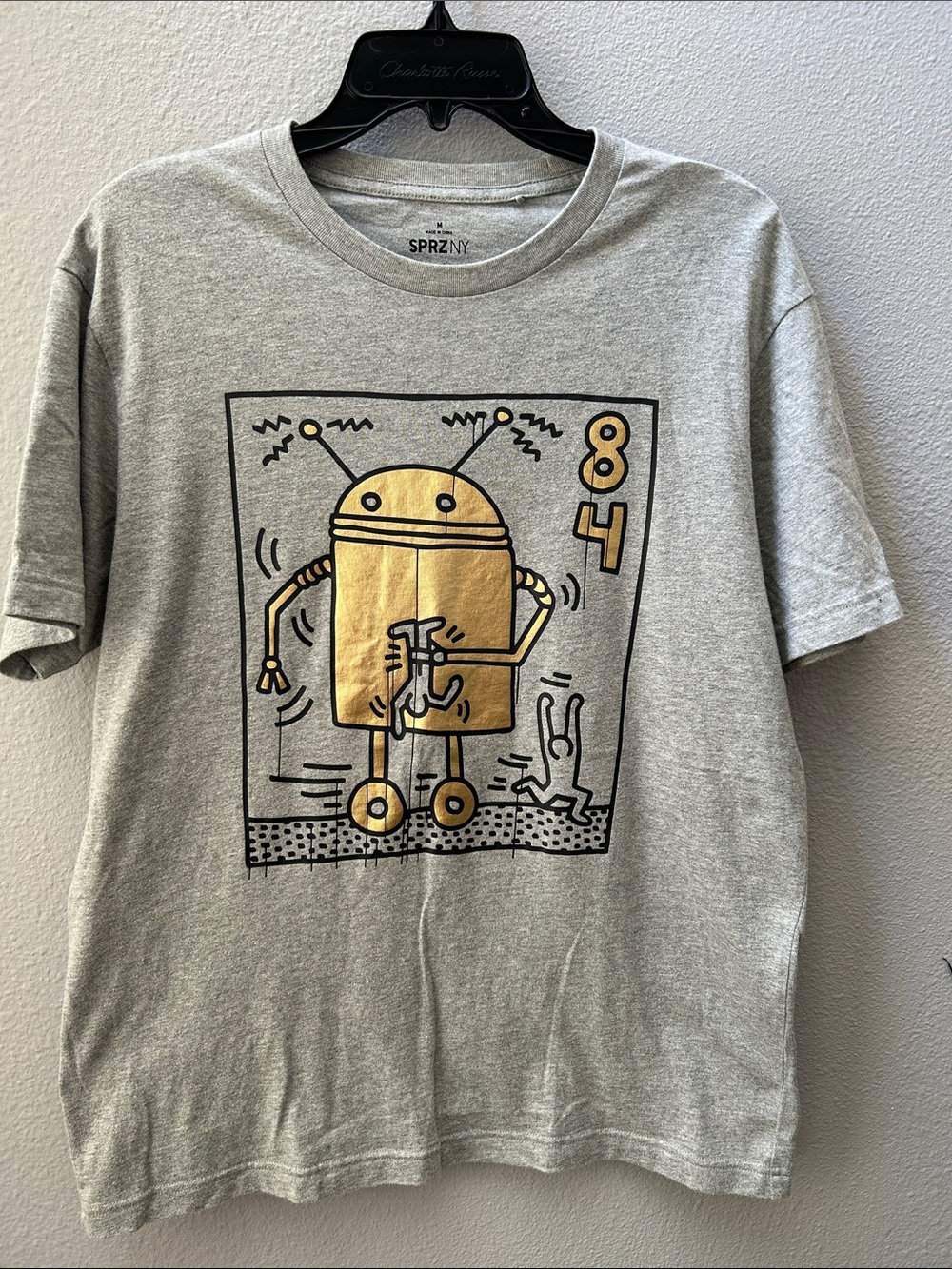 NWOT SPRZ NY Keith Haring Heather Gray Metallic Gold Robot Graphic Tee M